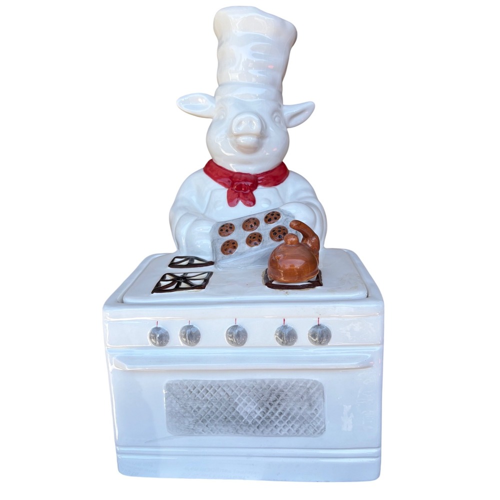 Vintage Pig Chef at Stove Ceramic Cookie Jar White Red Farmhouse Kitchen Decor‎